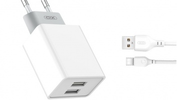 XO  sienas  lādētājs  L65  2x USB 2,4A  balts + USB-C  kabelis