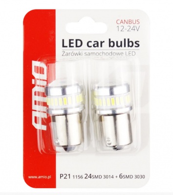 Autospuldzes  LED  CANBUS  3014  24SMD + 3030 6SMD  1156  BA15S  P21W  R10W  R5W  Balta 12V/24V (2gab)
