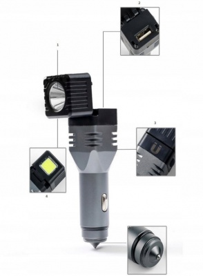 LED  auto  lukturis  4 vienā, 1500mAh, 2,1A USB  lādētājs  stikla  āmurs, magnēts, atlokāms