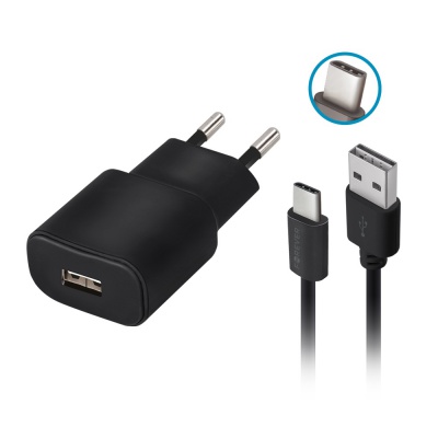 TC-01  lādētājs  1x USB  2A  melns + USB-C  kabelis