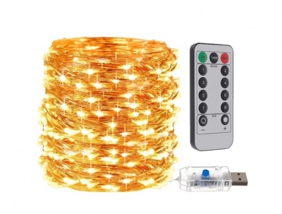 USB  Ziemassvētku  lampiņas - stieple  300  LED  silti  balta