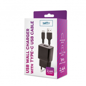 Setty  lādētājs  1x USB  2,4A  melns + USB-C  kabelis  1,0 m