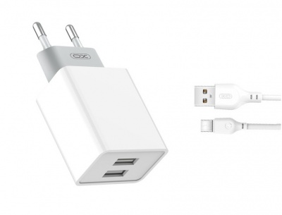 XO  sienas  lādētājs  L65  2x USB 2,4A  balts + USB-C  kabelis