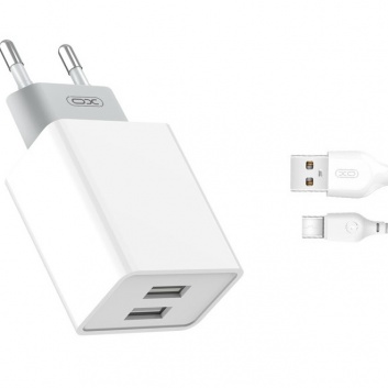 XO  sienas  lādētājs  L65  2x USB 2,4A  balts + USB-C  kabelis