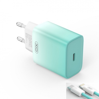 XO  sienas  lādētājs  CE18 PD  30W  1x USB-C  zili  balts  + kabelis  USB-C - Lightning