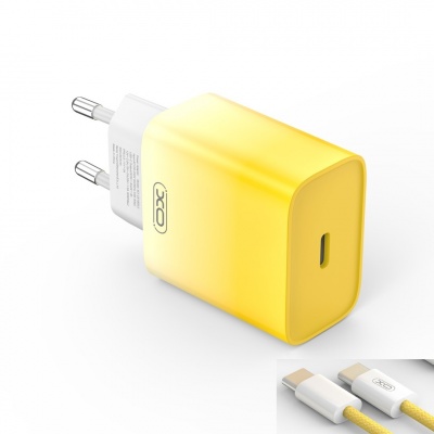 XO  sienas  lādētājs  CE18  PD  30W  1x USB-C  dzeltenbalts  + kabelis  USB-C - USB-C