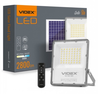 VIDEX  LED  prožektors  uz saules  enerģijas  100W, 2800LM 5000K (BATERIJA LIFEPO4 30000 MAH 3.2V) (PANELIS 25W) VIDEX VL-FSO2-505