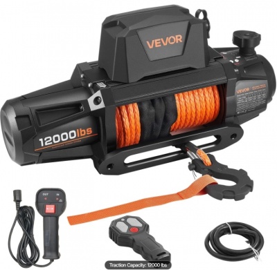 VEVOR  elektriskā  vinča , celtspēja  5400 kg , 12 V , Φ9,5 mm x 28 m  ar  sintētisko  virvi , bezvadu  un  vadu  tālvadības  pulti
