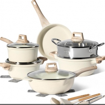 Just  Perfecto  JL-779: 15 daļu  granīta  virtuves  piederumu  komplekts  ar  tvaicētāju - Biege