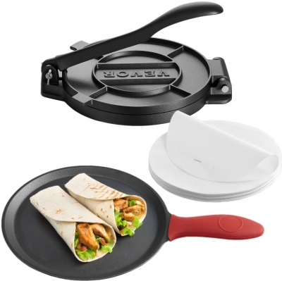 VEVOR  tortilju  prese , 8 collu  čuguna  tortilju  un  roti  veidotājs , izturīga  tortilju  prese , patakoneru  veidotāji  ar  rokturi  un  100 gab. cepampapīra