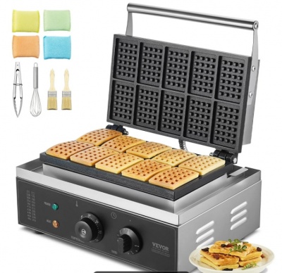 VEVOR  komerciālā  vafeļu  panna, 10 gab. taisnstūra  vafeļu  cepšanas  mašīna , 1550 W