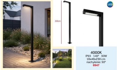 LED  dārza  lampa  30W  Posti , 250cm , 90° , 4000K , melna