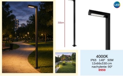 LED  dārza  lampa , 50W  Posti , 350cm , 90° , 4000K , melna