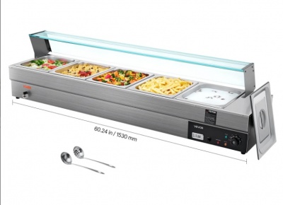 VEVOR  5 trauku  elektriskais  bufetes  ēdienu  sildītājs  ar  stikla  vāku , 1500W  nerūsējošā  tērauda  Bain Marie , 30–85°C  temperatūras  kontrole