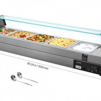 VEVOR  5 trauku  elektriskais  bufetes  ēdienu  sildītājs  ar  stikla  vāku , 1500W  nerūsējošā  tērauda  Bain Marie , 30–85°C  temperatūras  kontrole