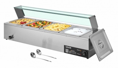VEVOR  1500W  Elektriskais  nerūsējošā  tērauda  ēdienu  sildītājs  ar   Stikla  vāku , 4-Pannu Bain Marie with Soup & Perforated Ladles  un  Restorāniem