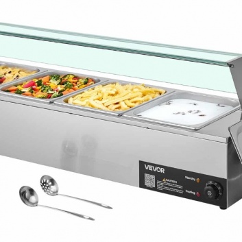 VEVOR  1500W  Elektriskais  nerūsējošā  tērauda  ēdienu  sildītājs  ar   Stikla  vāku , 4-Pannu Bain Marie with Soup & Perforated Ladles  un  Restorāniem