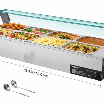 VEVOR  1700W  elektrisks  nerūsējošā  tērauda  bufetes  ēdienu  sildītājs  ar  8 traukiem  un  stikla  vāku – Bain Marie  pasākumiem  un  ēdināšanai