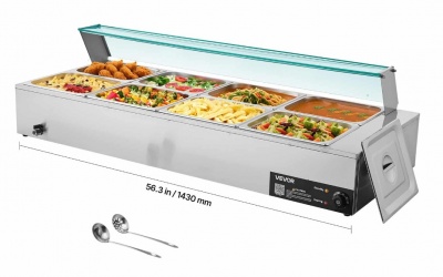 VEVOR  1700W  elektrisks  nerūsējošā  tērauda  bufetes  ēdienu  sildītājs  ar  8 traukiem  un  stikla  vāku – Bain Marie  pasākumiem  un  ēdināšanai