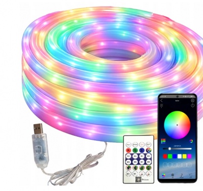 NEON  RGBIC  LED  LENTA  360°  5M  BLUETOOTH , LIETOŠANAS  PROGRAMMA , TĀLVADĪBAS  PULTS , USB , ELASTĪGA