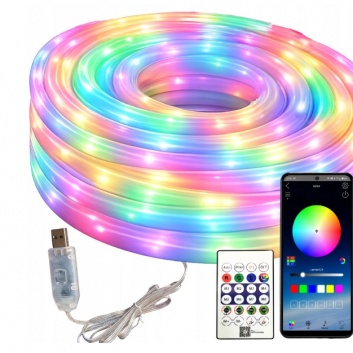 NEON  RGBIC  LED  LENTA  360°  5M  BLUETOOTH , LIETOŠANAS  PROGRAMMA , TĀLVADĪBAS  PULTS , USB , ELASTĪGA