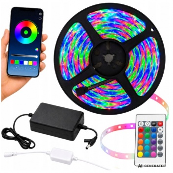 Rgb  krāsaina  led  lente, 10 m, 12 v, 5050 rgb, tālvadības  pults, lietotne, sinhronizācija  ar  mūziku, barošanas  bloks