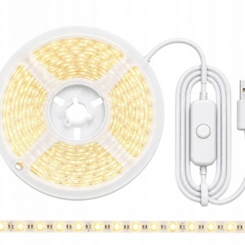 Usb 5v ,5 m  garā  led  lente  ar  aukstu  baltu  gaismu, ar  slēdzi, pašlīmējoša, dekoratīva