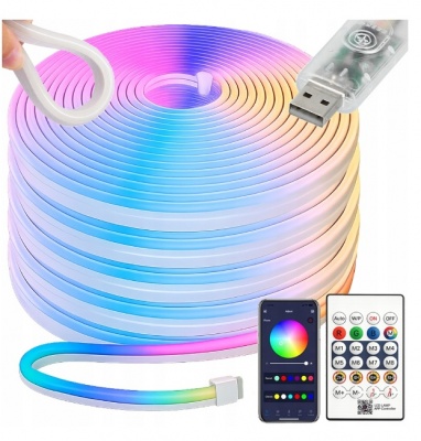 NEON  LED  LENTA  5M , RGB  AR  BLUETOOTH, VADĀMA  AR  MOBILO  LIETOJUMPROGRAMMU  UN  PULTI , ŪDENSIZTURĪGA , ELASTĪGA