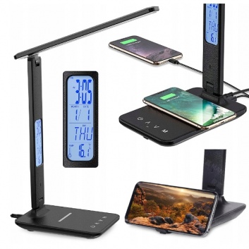 LED  galda  lampa  USB , pulkstenis , Qi lādētājs