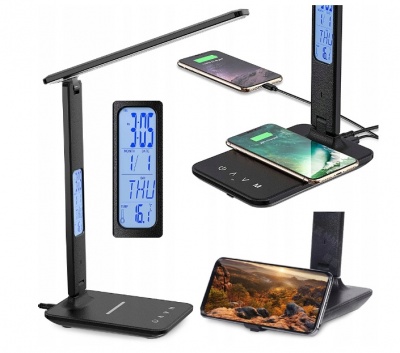 LED  galda  lampa  USB , pulkstenis , Qi lādētājs