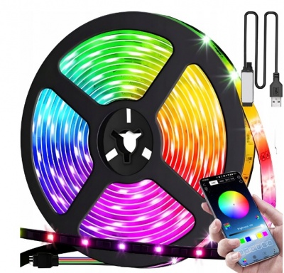ŪDENSIZTURĪGA  RGB  LED  LENTA, 5 M, BLUETOOTH, VADĀMĀ  AR  LIETOJUMPROGRAMMU  UN  PULTI